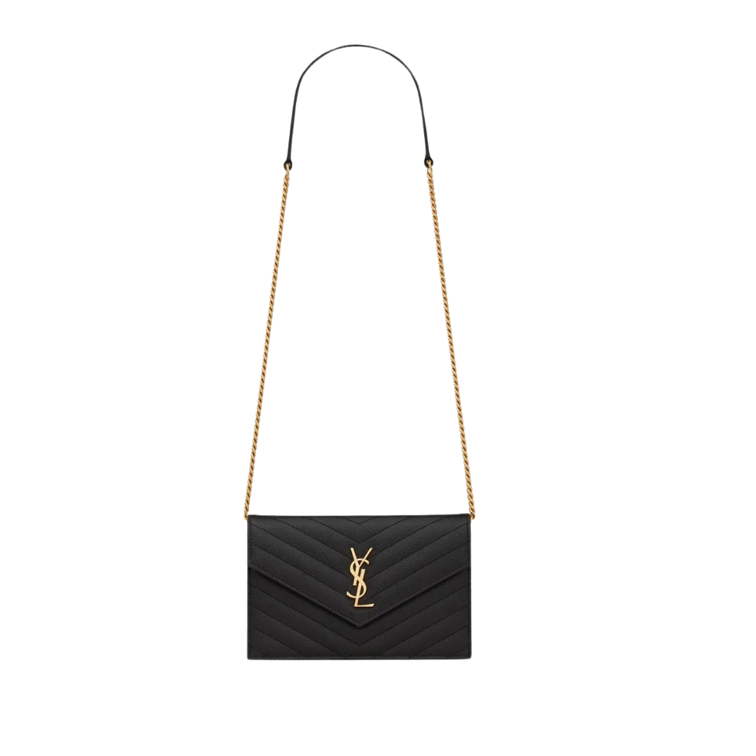 Pochette portefeuille en cuir grain de poudre noir à chaîne, style enveloppe