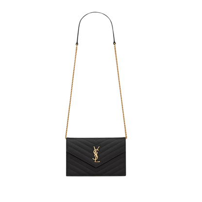 Pochette portefeuille en cuir grain de poudre noir à chaîne, style enveloppe