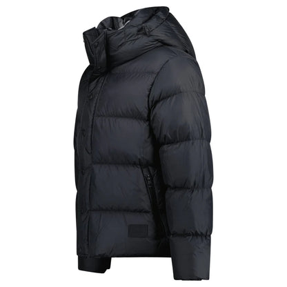 Burb Halsby puffer down jacket, black, side view with hood and quilted baffles