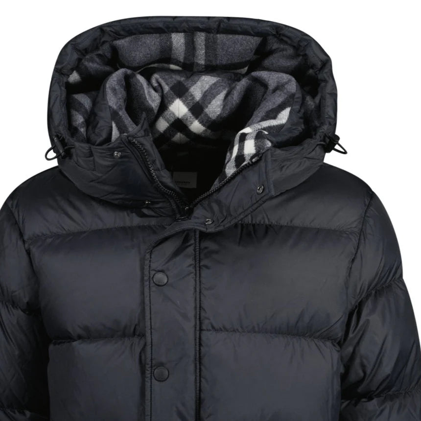 Burb Halsby puffer down jacket, black, close view of hood plaid lining and front buttons