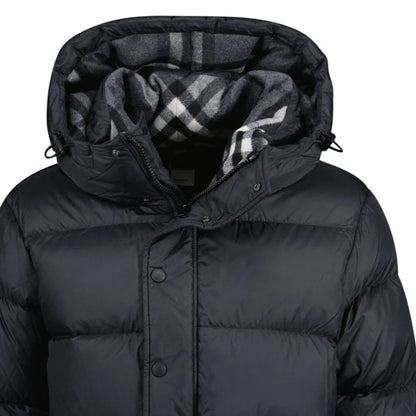 Burb Halsby puffer down jacket, black, close view of hood plaid lining and front buttons