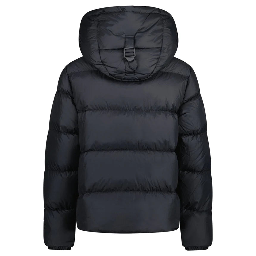 Burb Halsby puffer down jacket, black, back view with hood and button closure