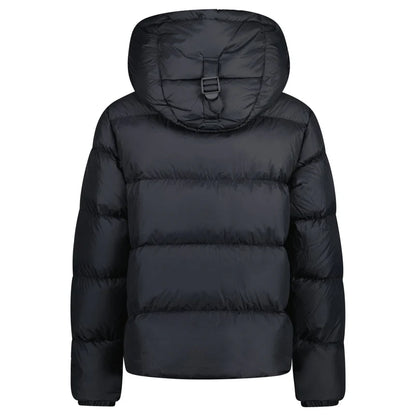 Burb Halsby puffer down jacket, black, back view with hood and button closure