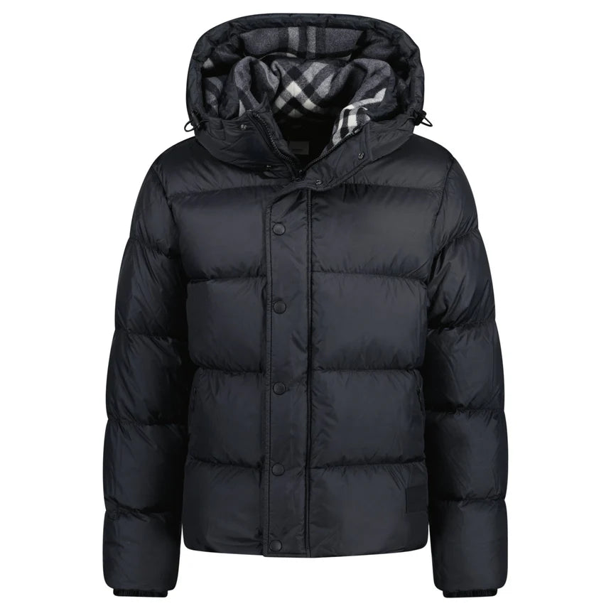 Burb Halsby puffer down jacket, black, hood with plaid lining, front button placket