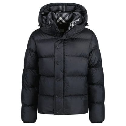 Burb Halsby puffer down jacket, black, hood with plaid lining, front button placket