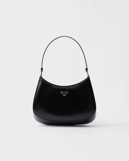 Prada Cleo brushed leather shoulder bag, black, curved hobo shape