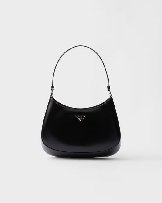 Prada Cleo brushed leather shoulder bag, black, curved hobo shape