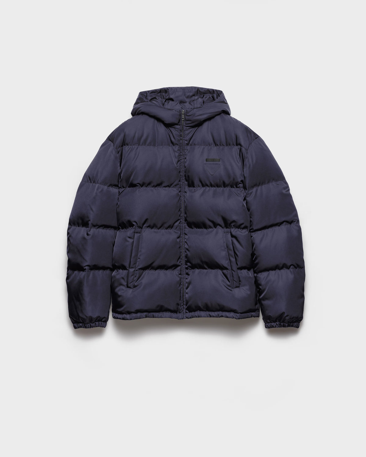 Medium-weight hooded puffer jacket, dark navy, full zip and quilted baffles.