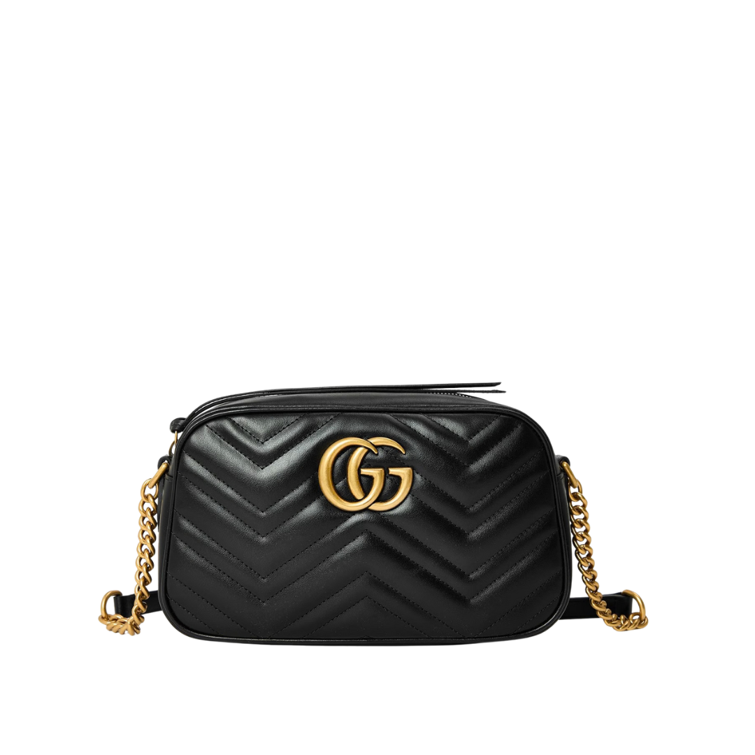 Small GG Marmont shoulder bag, black leather, chevron quilt, gold-tone GG clasp.