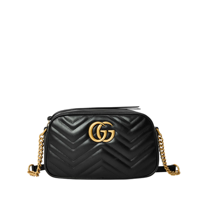 Small GG Marmont shoulder bag, black leather, chevron quilt, gold-tone GG clasp.