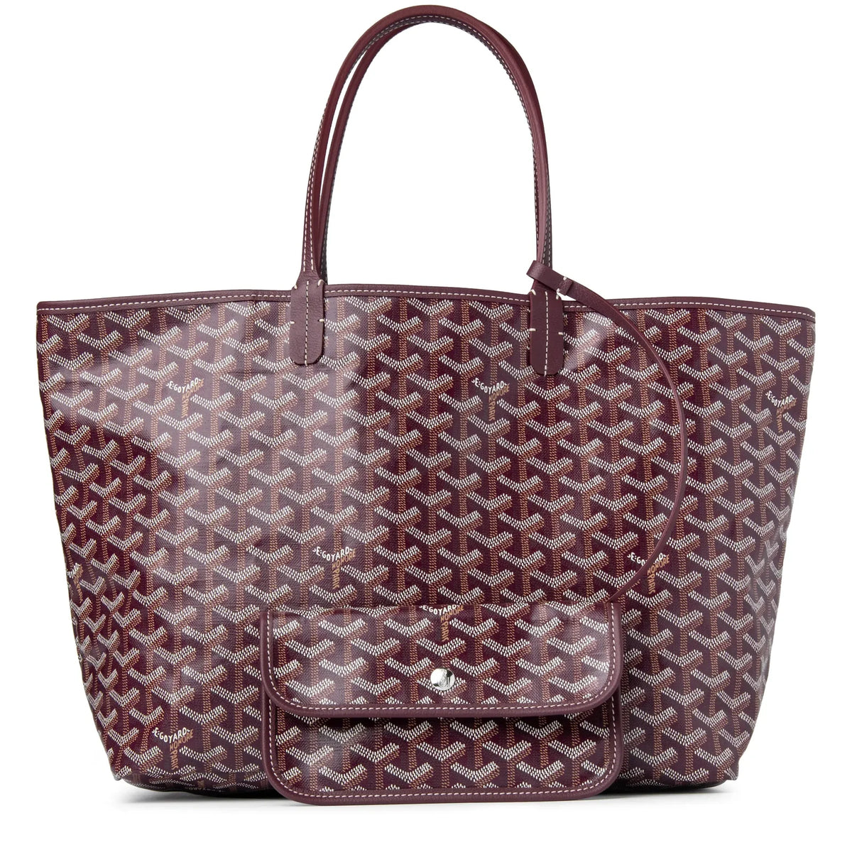 Red Gyard tote bag with top handles and front flap pocket in repeating pattern