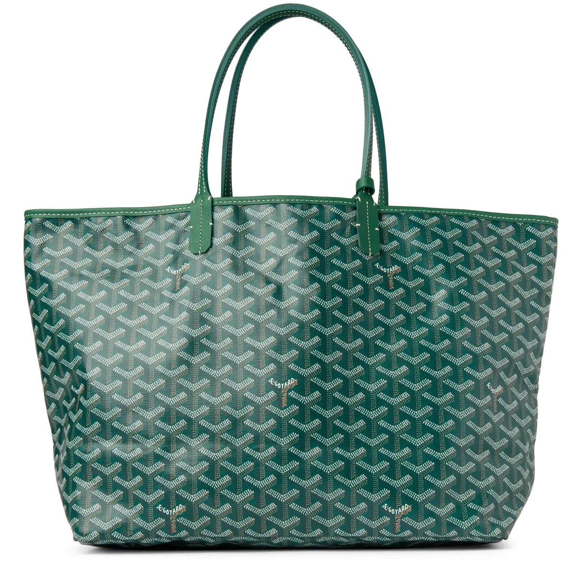 Green Gyard tote bag with repeating pattern, top handles, and wide structured base
