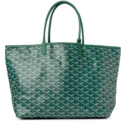 Green Gyard tote bag with repeating pattern, top handles, and wide structured base