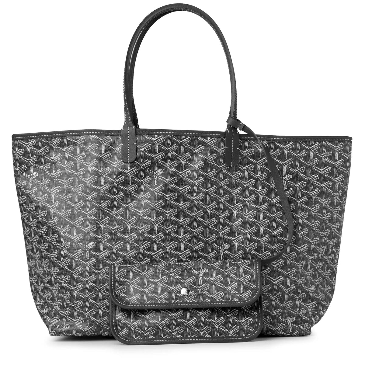 Gray tote bag with repeating pattern, black handles, and front flap with snap