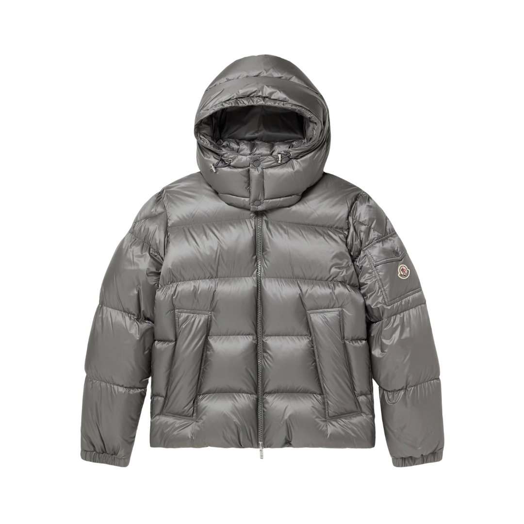 MONC Couyere down jacket, gray hooded puffer with front zipper
