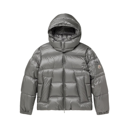 MONC Couyere down jacket, gray hooded puffer with front zipper
