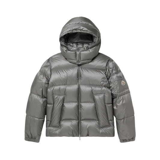 MONC Couyere down jacket, gray hooded puffer with front zipper