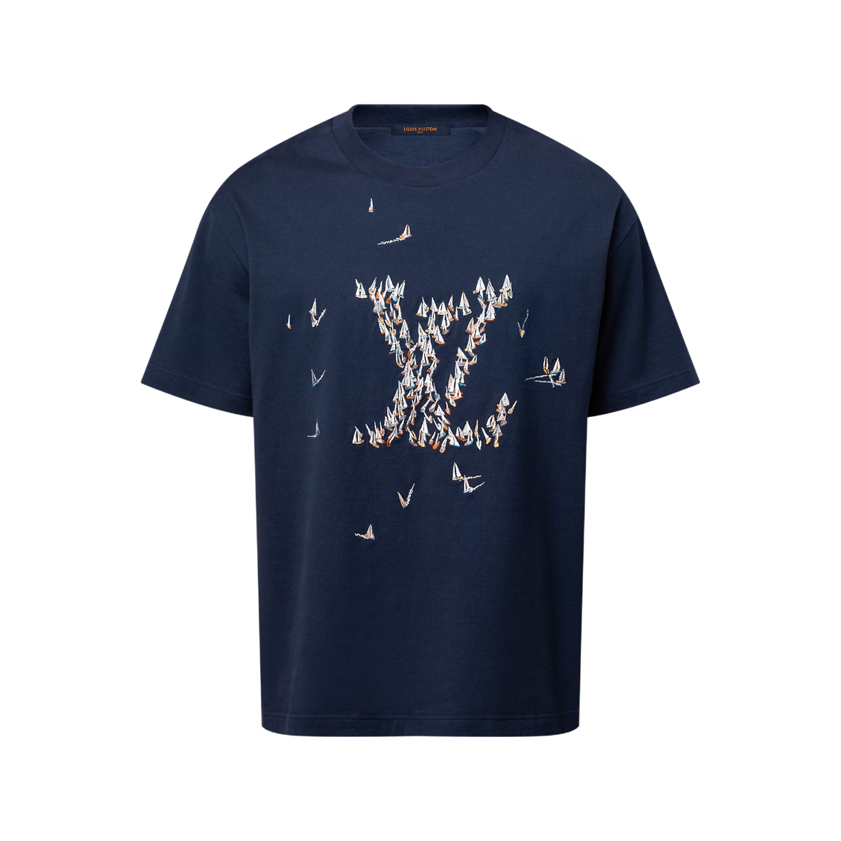 Luxury blue crew-neck T-shirt with small bird embroidery pattern across chest