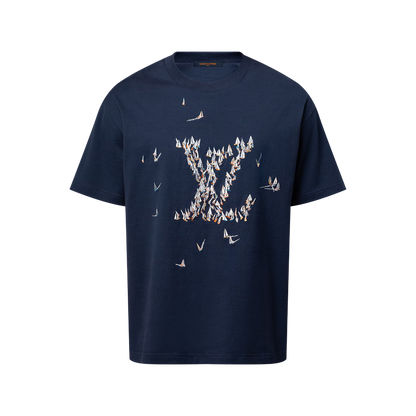 Luxury blue crew-neck T-shirt with small bird embroidery pattern across chest