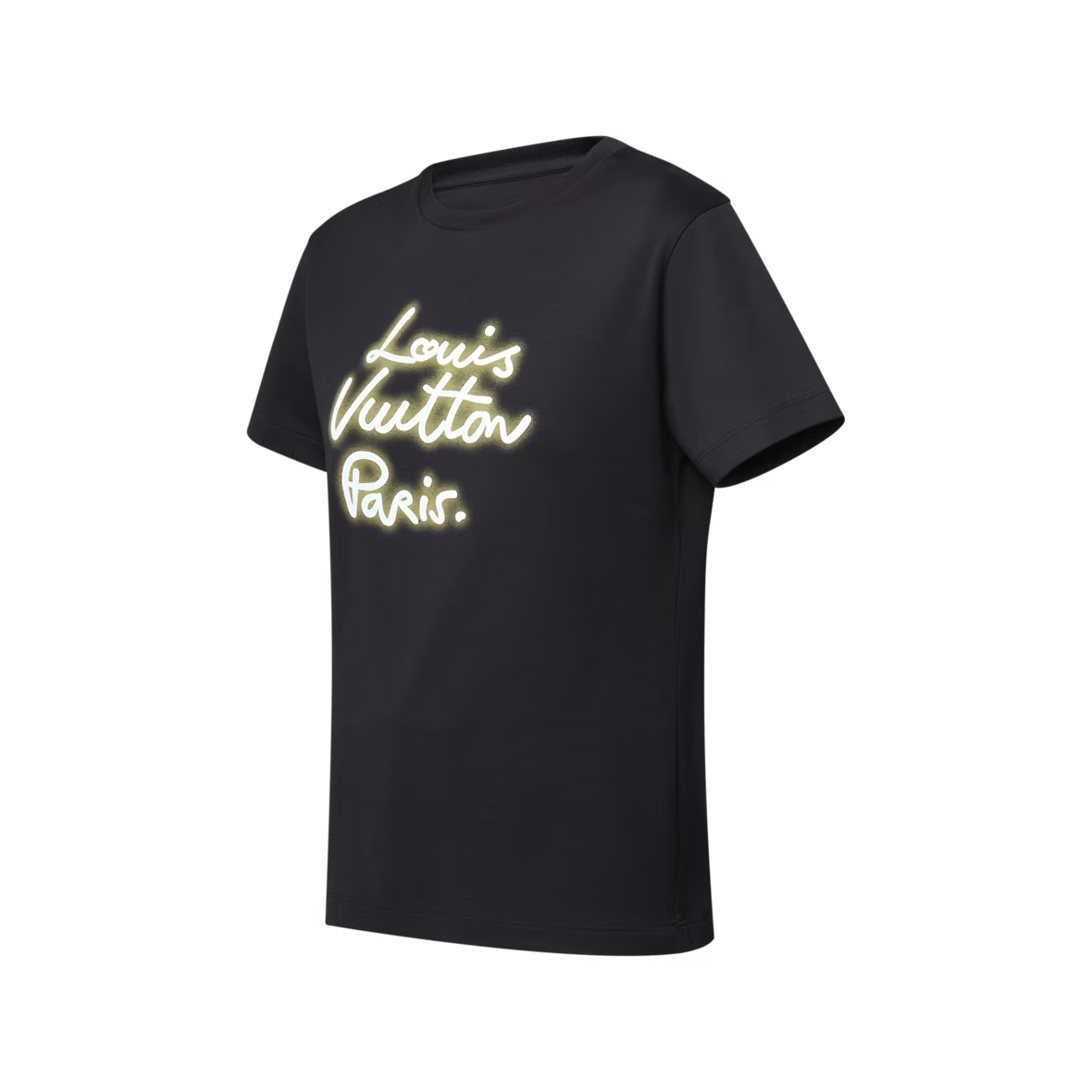 Luxury black T-shirt, front neon script logo and crew neck