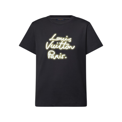 Glow Signature T-Shirt in luxury black, neon logo print on front
