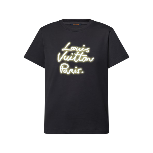 Glow Signature T-Shirt in luxury black, neon logo print on front