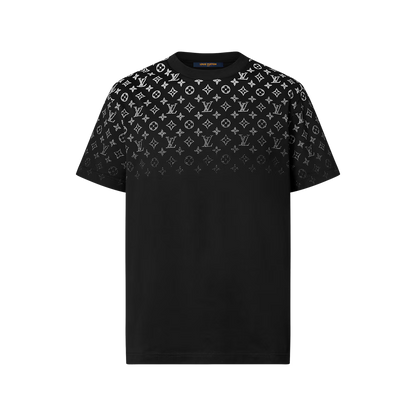 Schwarzes Baumwoll-T-Shirt mit Allover-Monogramm-Print auf der Vorderseite