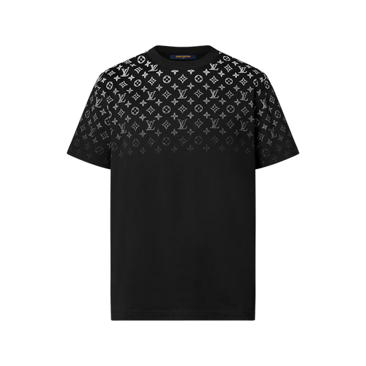 Schwarzes Baumwoll-T-Shirt mit Allover-Monogramm-Print auf der Vorderseite