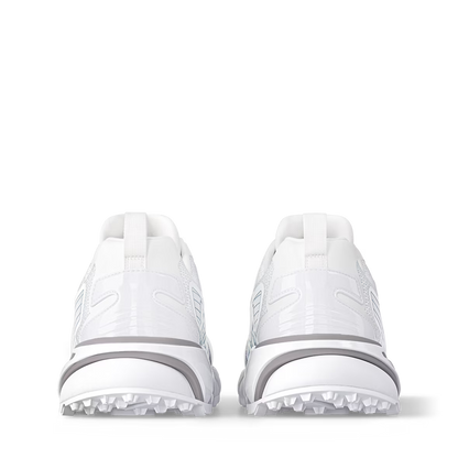 LV Runner Tatic Sneaker heel view, white upper with cushioned collar and sole