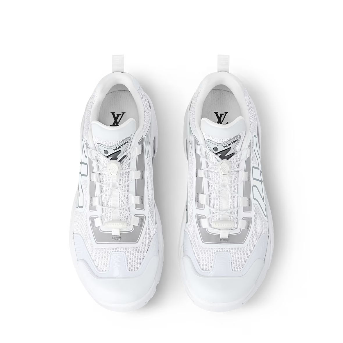 LV Runner Tatic Sneaker tongue/upper top view, white laces and LV logo detail