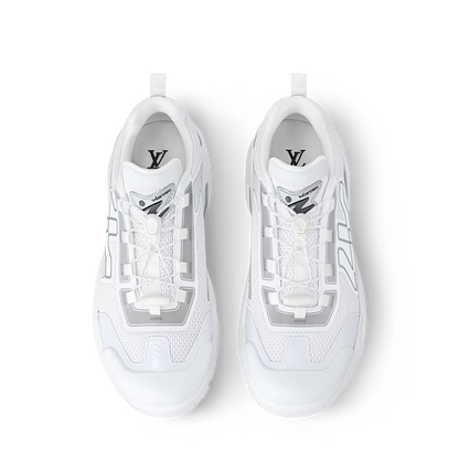 LV Runner Tatic Sneaker tongue/upper top view, white laces and LV logo detail