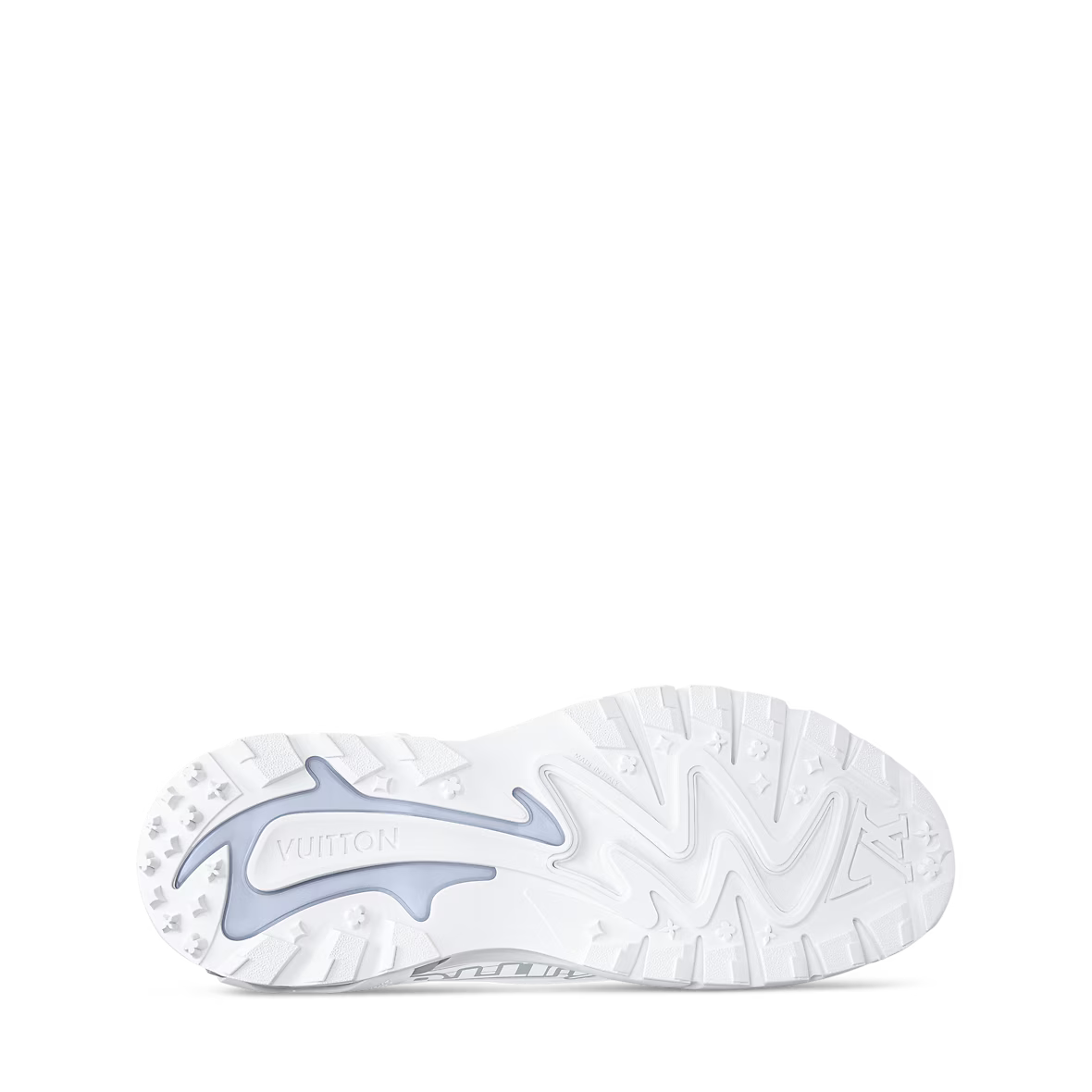 LV Runner Tatic Sneaker outsole view, white tread with blue-gray emblem detail
