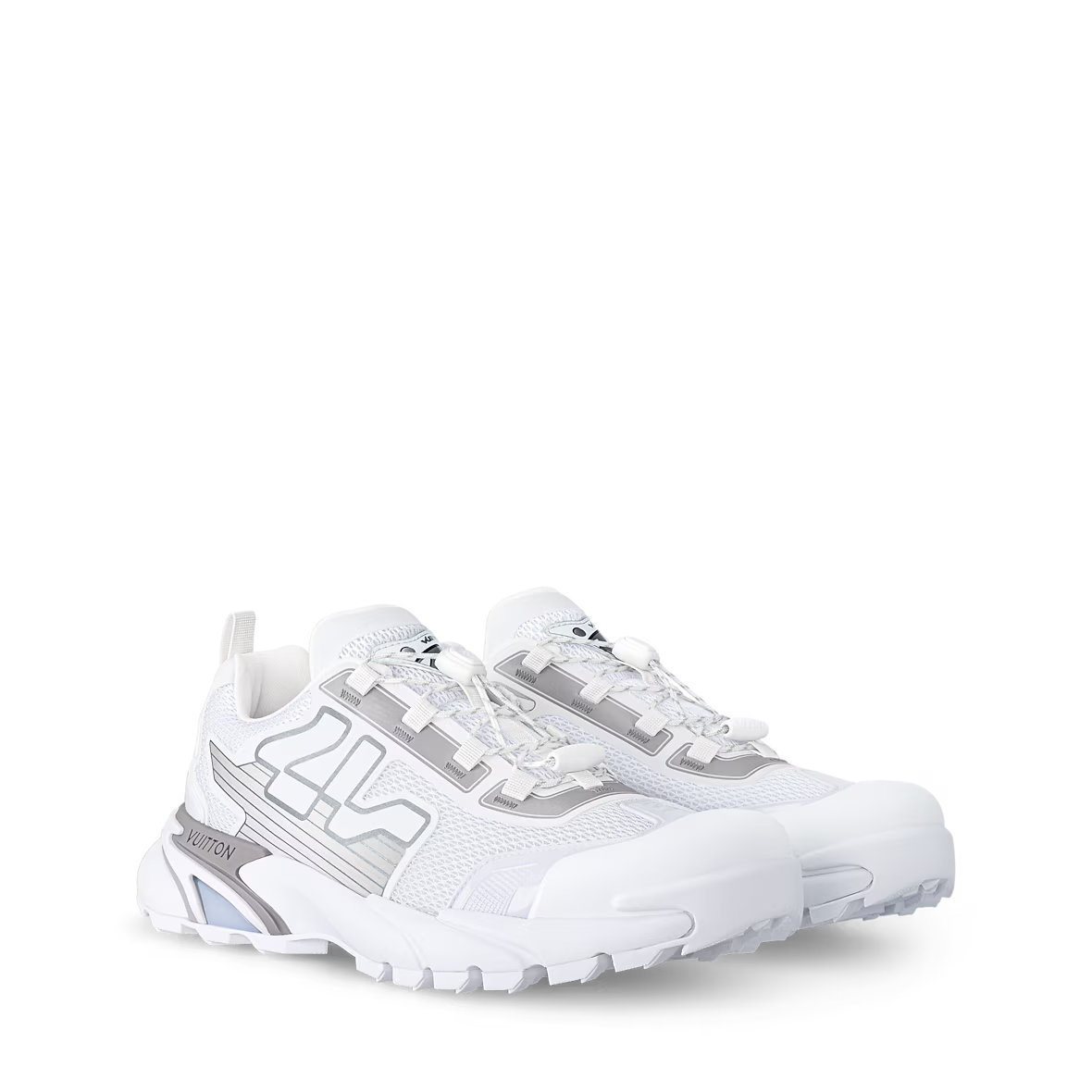 LV Runner Tatic Sneaker side view: white upper, gray LV-style logo accents