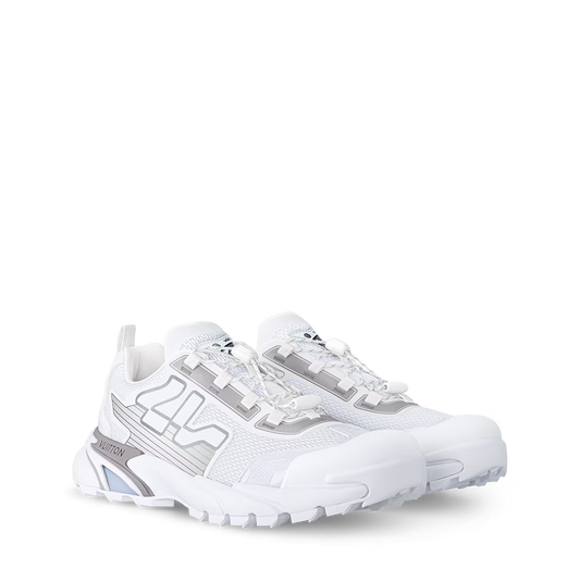 LV Runner Tatic Sneaker side view: white upper, gray LV-style logo accents