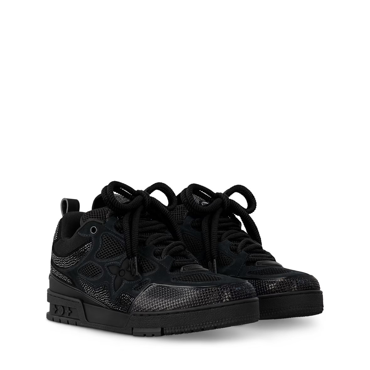 Schwarze LV Skate Sneaker mit Schnürsenkeln, Frontpanel aus Mesh und Struktur