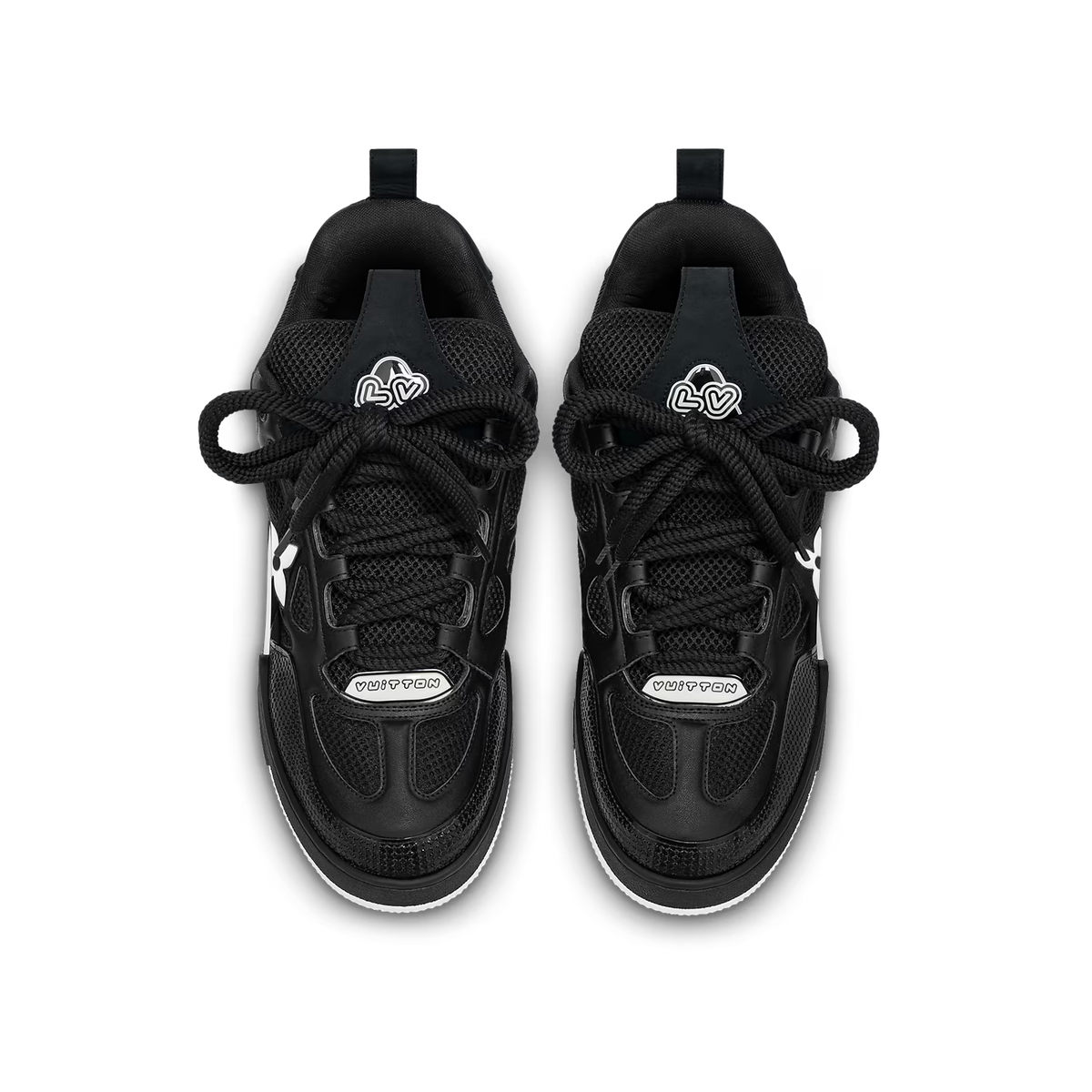 Pair of black LVE skate trainers, front lace-up, mesh panels and white edging