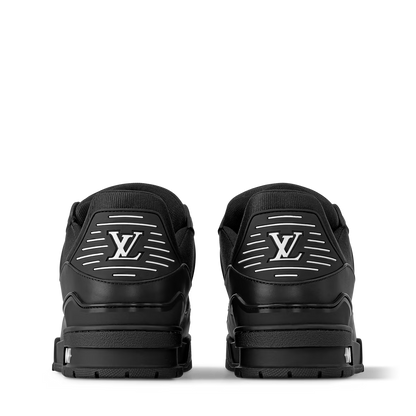 LV Trainer sneakers, heel view: black back tab with LV logo and padded collar