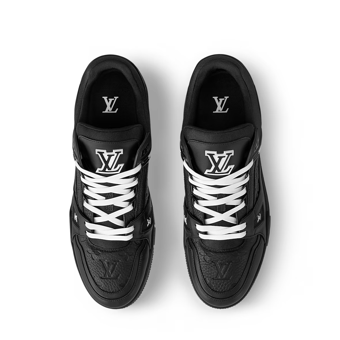 LV Trainer sneakers, top view: black uppers with white laces and LV logos