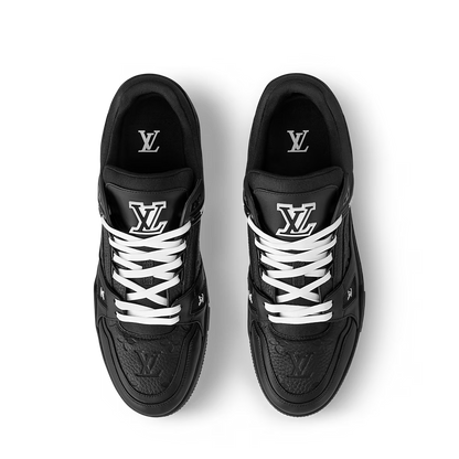 LV Trainer sneakers, top view: black uppers with white laces and LV logos