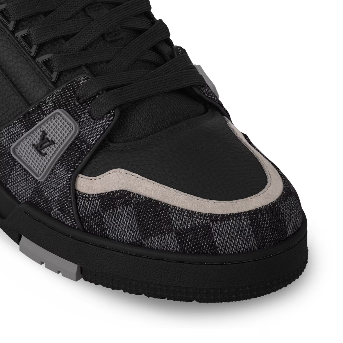 LV Trainer sneaker toe with textured overlay and light contrast trim