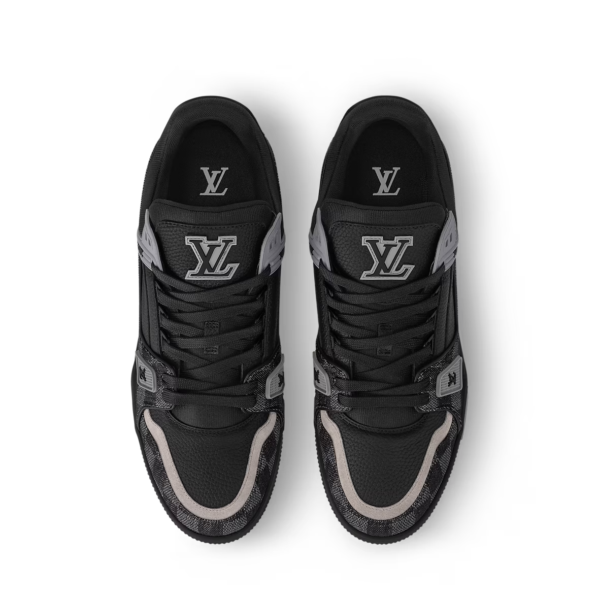 Pair of black LV Trainer sneakers with heel logo and lace-up design