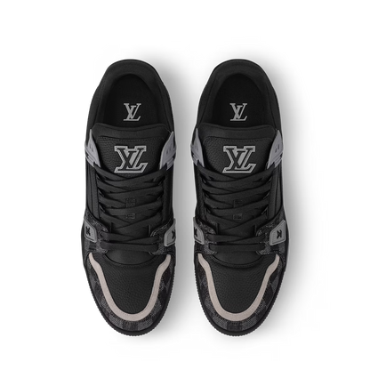 Pair of black LV Trainer sneakers with heel logo and lace-up design