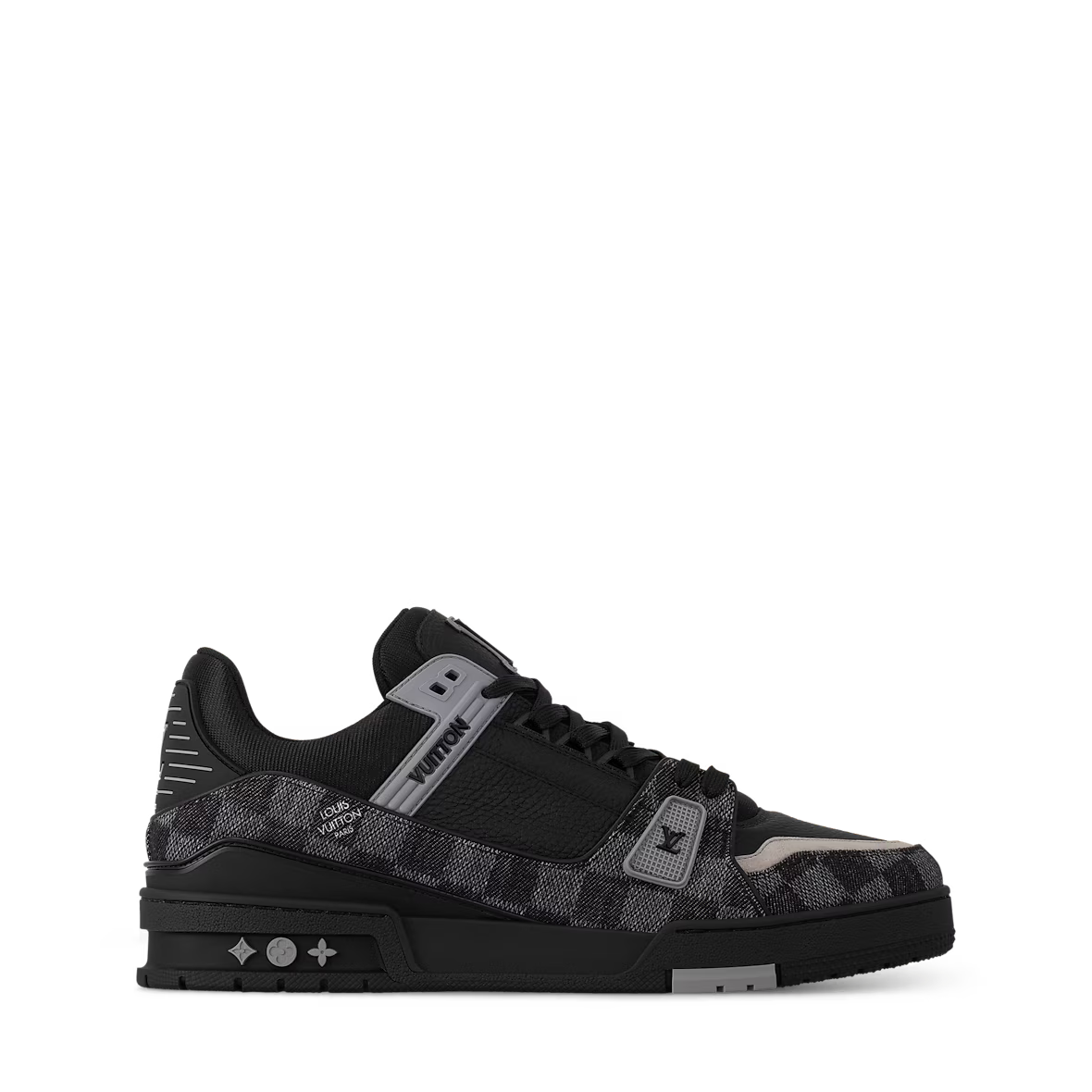 Black LV Trainer side view with strap detail and textured upper