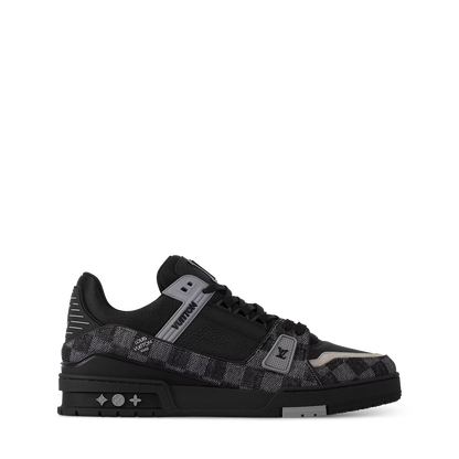 Black LV Trainer side view with strap detail and textured upper