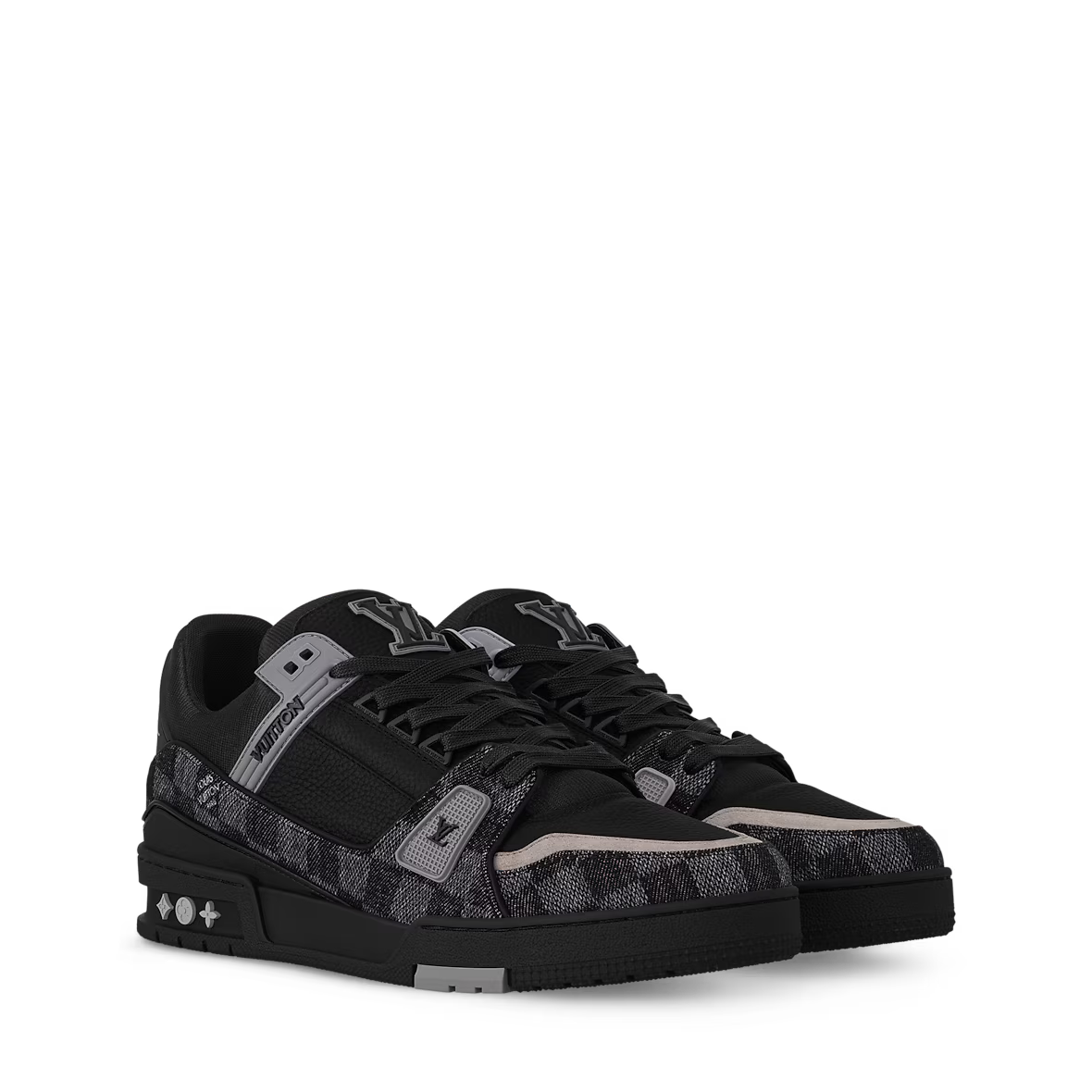 Black LV Trainer sneakers with textured panels and lace-up front