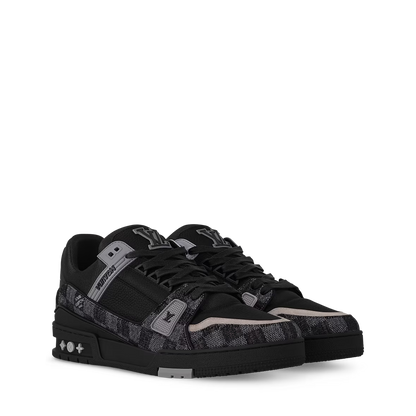 Black LV Trainer sneakers with textured panels and lace-up front
