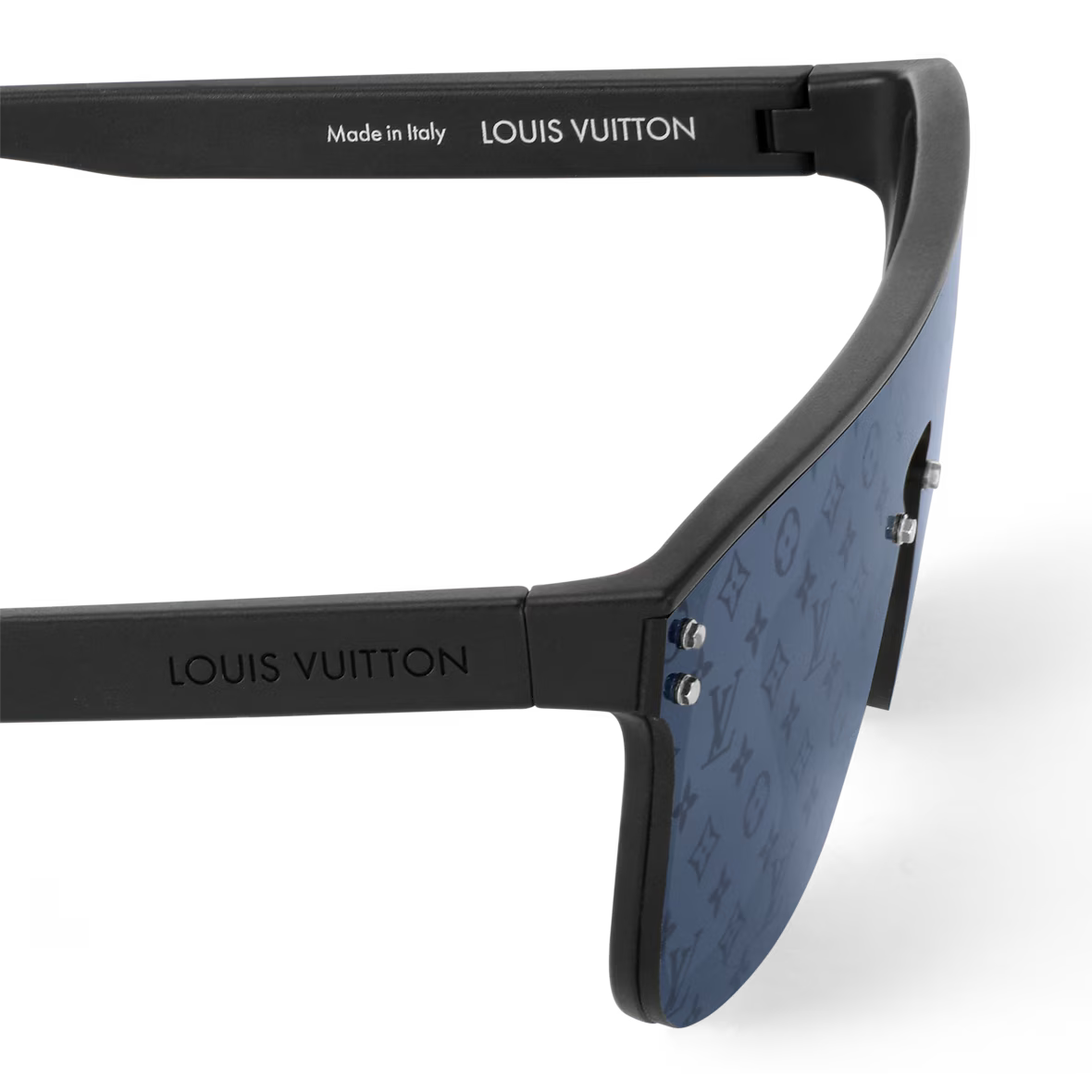 Waimea sunglasses close-up: black temple with 'Made in Italy' and 'LOUIS VUITTON'