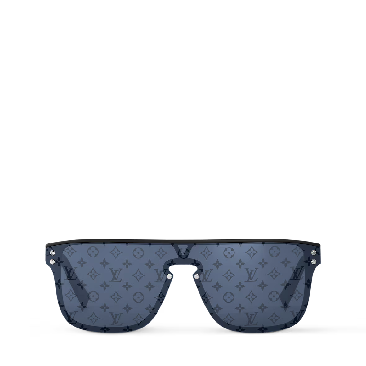 Waimea sunglasses front view, dark blue lenses with subtle logo monogram