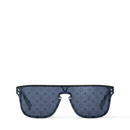 Waimea sunglasses front view, dark blue lenses with subtle logo monogram