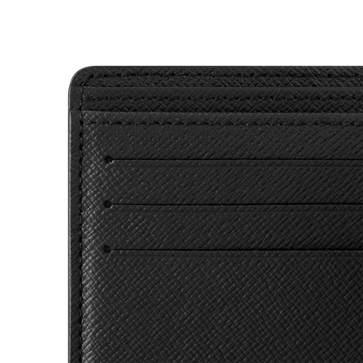Black wallet close-up of card slots and stitched edge, textured leather